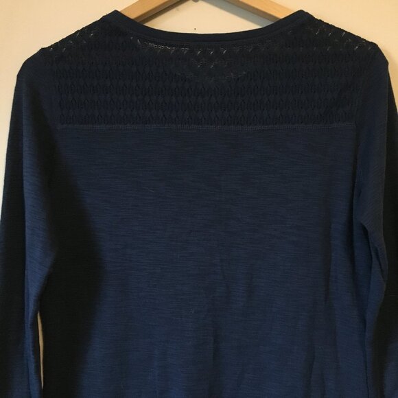 100% Cotton Bleu Gray Lace Shoulder 1/4 Button Down Dark Blue Top - Small - Picture 7 of 15